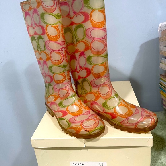 Multicolor coach used rain boots size 6.